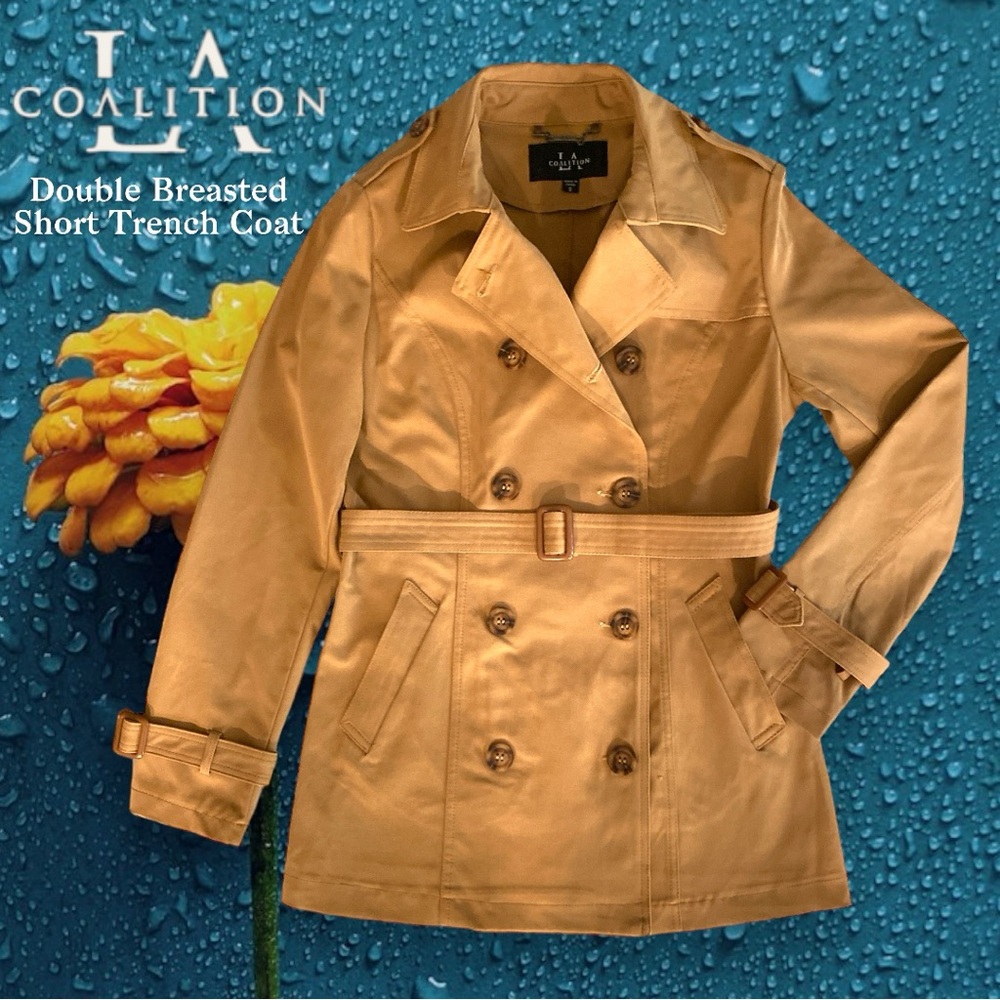 Double Breasted Tan Belted Short Trench Coat By LA Coalition Jacket
